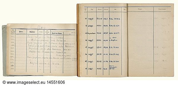 Three aviator's log books belonging to the Knight's Cross Winner Captain Frielinghaus.  Log from 18 February 1935 to 27 April 1938 for training flights 1 - 635 and from 27 April 1938 to 2 December 1940 for training flights 635 - 1146  with many of them already in an Me 109  some with the remark  'action'. Log book from 2 July 1941 - 21 September 1942 with 327 flights. Most of the entries in pencil: independent action and protection of armoured points at Miropol  Shitomir  Kiev  Dneiprpetrovsk  escort duty and independent action over Malta  ground support missions  contact with the enemy  and much more. Combat action book for a fighter pilot issued on 6 July 1941 at the IV/J.G. Udet - 11th Squadron with 74 air victories. Mostly Russian aircraft but also a few Spitfires and Lightnings in the Mediterranean theatre.' historic  historical  1930s  1930s  20th century  Air Force  branch of service  branches of service  armed service  armed services  military  militaria  air forces  object  objects  stills  clipping  clippings  cut out  cut-out  cut-outs  document  documents