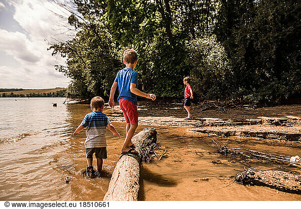 Three boys playing in and around lake on sunny day