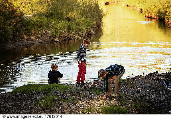 Three brothers spend time by water in a park in autumn; Edmonton  Alberta  Canada