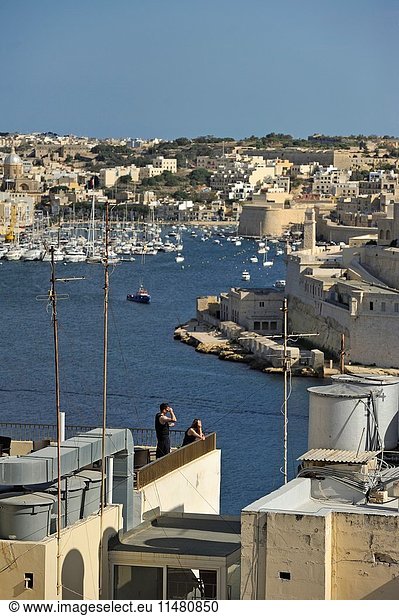Three Cities viewed from a rooftop in Valletta  Malta  Southern Europe.