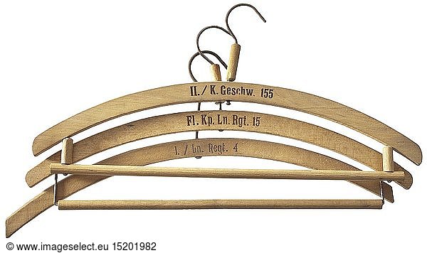 Three clothes hangers from Luftwaffe barracks Jeweils Holz mit Truppenstempelung 'Fl.Kp.Ln.Rgt. 15'  'II./K.Geschw. 155' und 'I./Ln. Regt. 4'. historic  historical  Air Force  branch of service  branches of service  armed service  armed services  military  militaria  air forces  object  objects  stills  clipping  clippings  cut out  cut-out  cut-outs  20th century