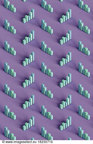 Three dimensional pattern of pastel colored bar graphs standing against purple background