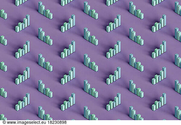 Three dimensional pattern of pastel colored bar graphs standing against purple background