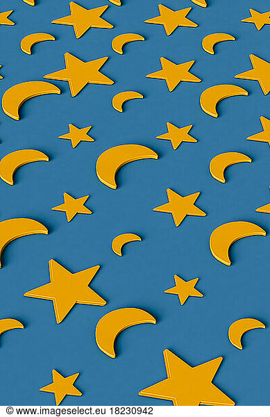 Three dimensional pattern of rows of yellow stars and crescent moons flat laid against blue background