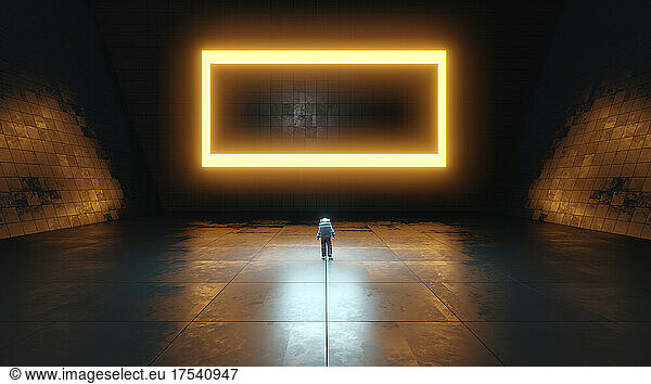 Three dimensional render of astronaut standing in front of large rectangle glowing inside dark empty interior