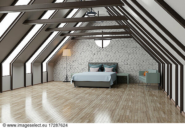 Three dimensional render of attic bedroom with shiny wooden floor