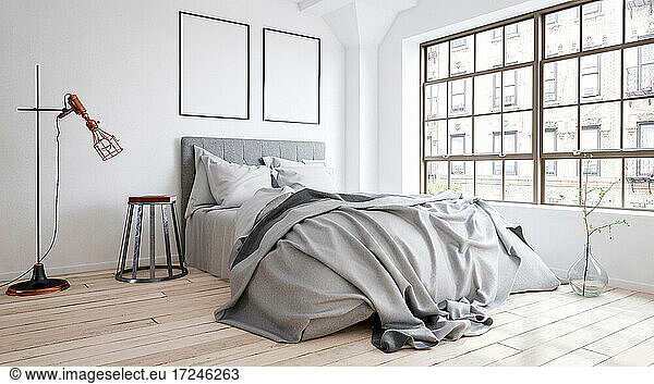 Three dimensional render of bedroom with gray bedding and blank picture frames