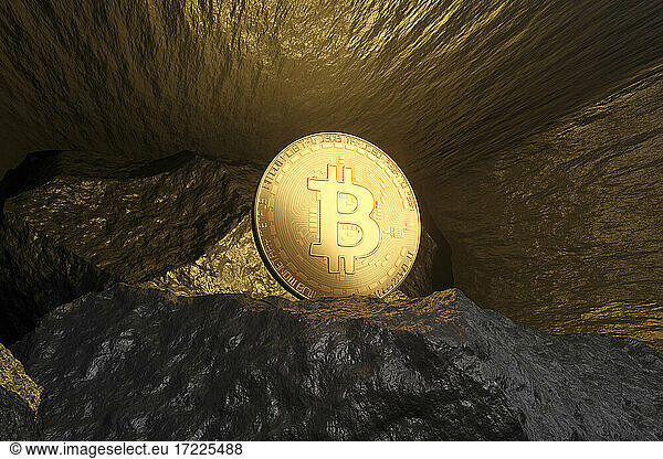 Three dimensional render of Bitcoin shining inside mine