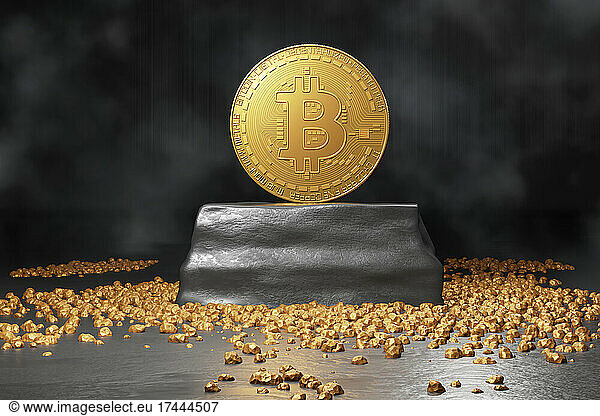 Three dimensional render of Bitcoin standing inside gold mine