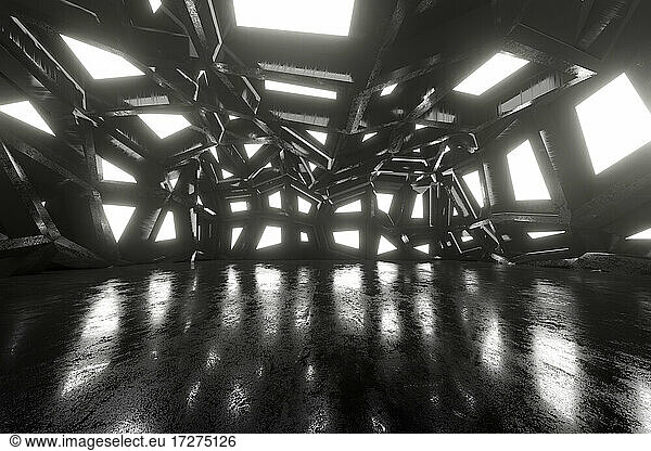 Three dimensional render of black futuristic interior