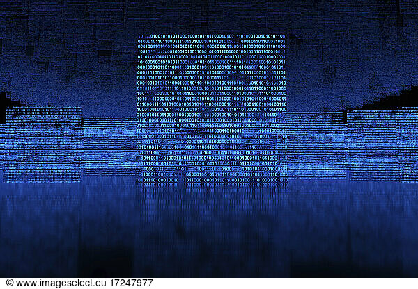 Three dimensional render of blue floating binary codes