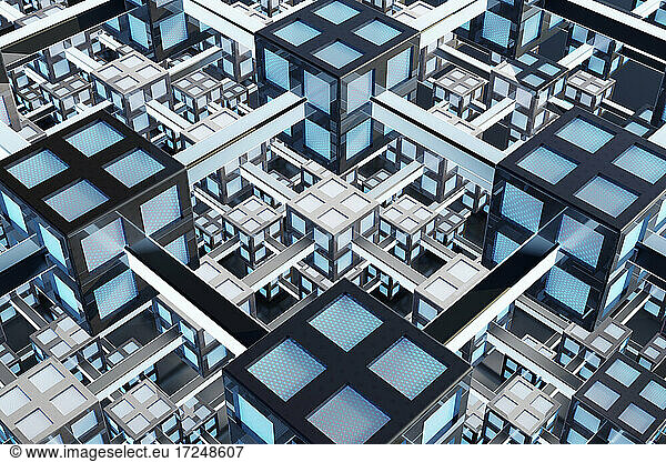 Three dimensional render of blue interconnected cubes creating mapped network