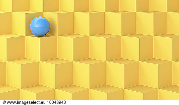 Three dimensional render of blue sphere on yellow cubes
