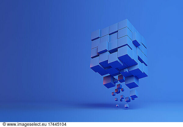 Three dimensional render of bunch of blue cubes floating against blue background