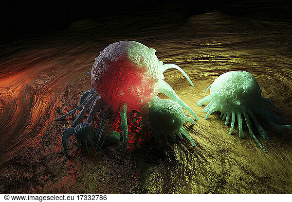 Three dimensional render of cancer cells inside human body