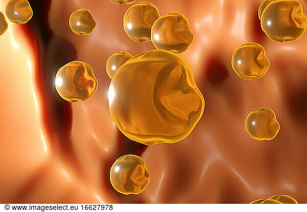 Three dimensional render of cholesterol molecules floating in human body