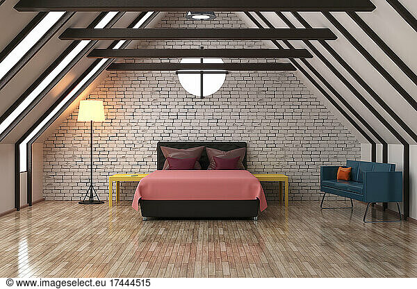 Three dimensional render of clean attic bedroom with wooden floor