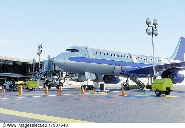 Three dimensional render of commercial airplane waiting at airport
