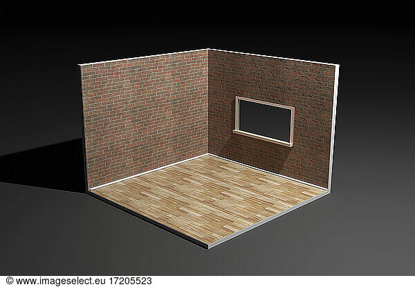 Three dimensional render of corner of empty room with brick walls and wooden floor