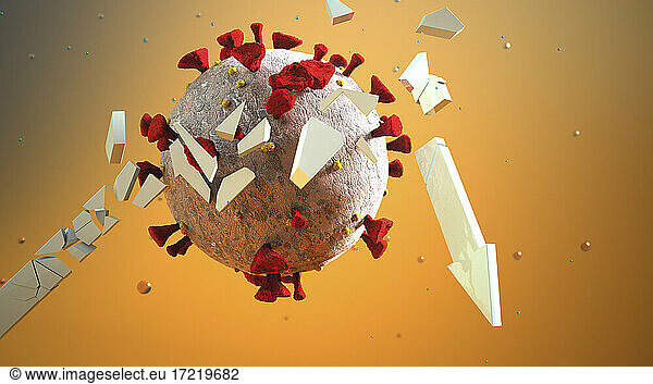 Three dimensional render of Coronavirus cell destroying arrow representing stock market