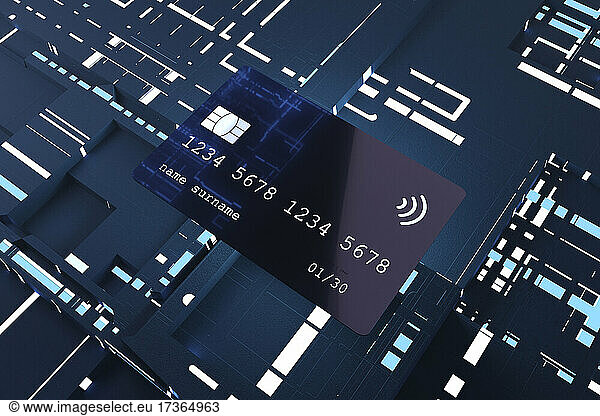 Three dimensional render of credit card against electronic background