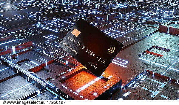 Three dimensional render of credit card against glowing circuit board