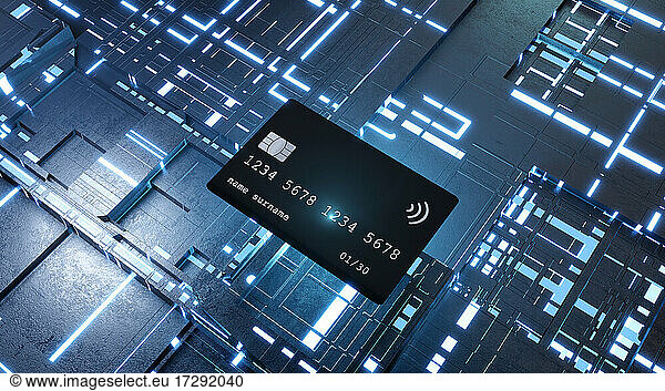 Three dimensional render of credit card floating against electronic background