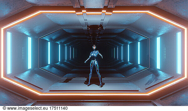Three dimensional render of cyborg standing in middle of futuristic corridor inside spaceship or space station