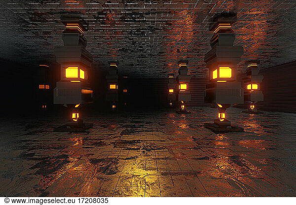Three dimensional render of dark environment illuminated by glowing pillars