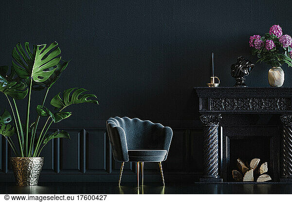 Three dimensional render of dark living room with single chair  potted plant  wall panels and fireplace