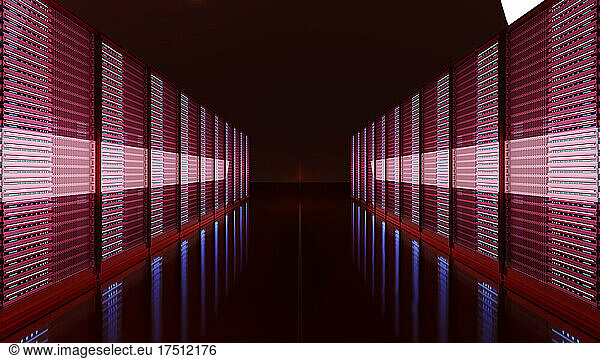 Three dimensional render of dark server room