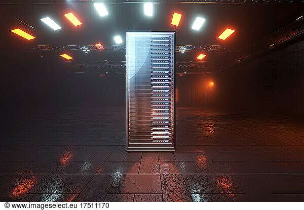 Three dimensional render of dark web server in industrial environment