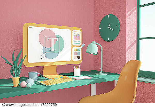 Three dimensional render of desk with computer monitor displaying graphic editing program