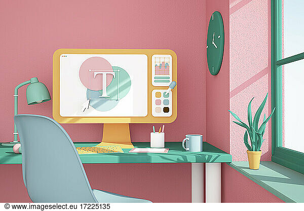 Three dimensional render of desk with computer monitor displaying graphic editing program