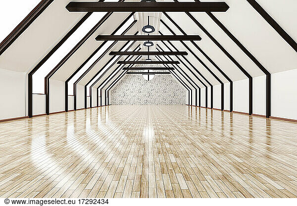 Three dimensional render of empty attic with shiny wooden floor