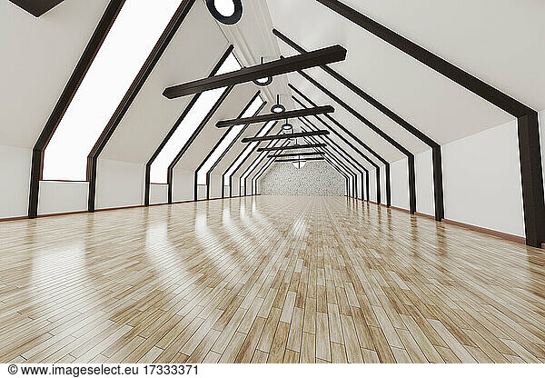 Three dimensional render of empty loft apartment with shiny wooden floor