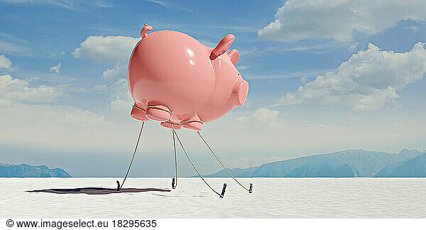 Three dimensional render of floating piggy bank tied down to ground in desert