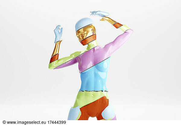 Three dimensional render of fractured gynoid with layered body parts separated by different colors
