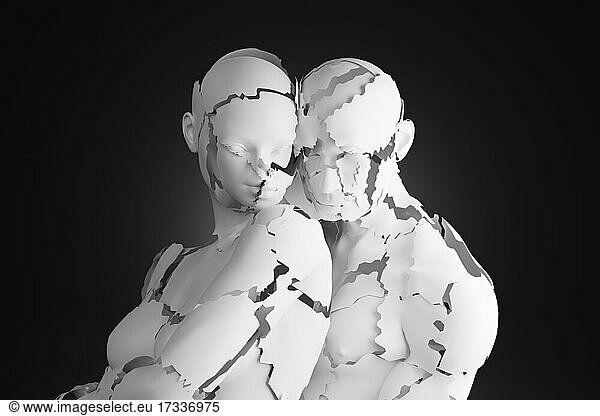 Three dimensional render of fractured man and woman standing together