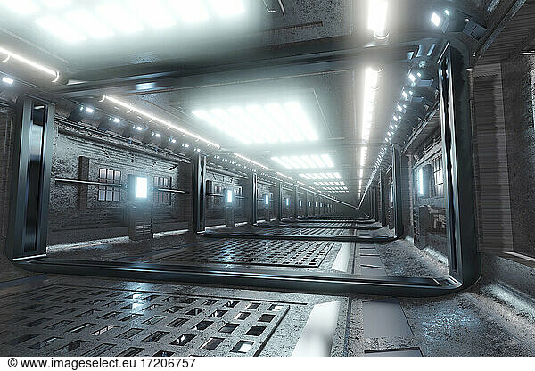 Three dimensional render of futuristic corridor inside spaceship or space station