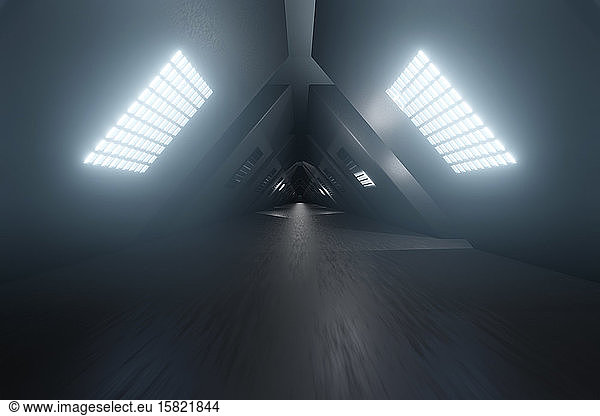 Three dimensional render of futuristic corridor with slanted walls