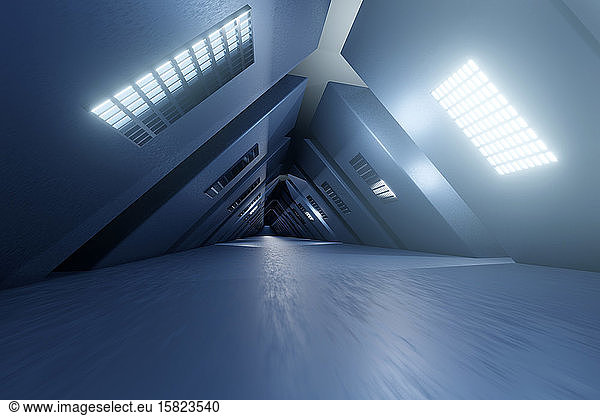 Three dimensional render of futuristic corridor with slanted walls