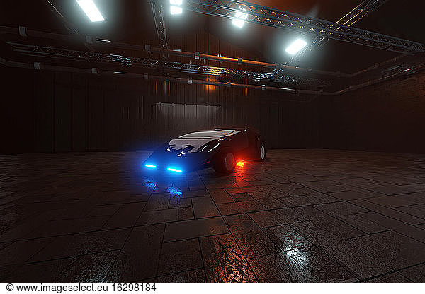 Three dimensional render of futuristic sports car inside large warehouse