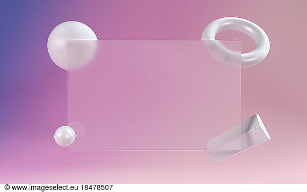 Three dimensional render of geometric shapes floating against pink background
