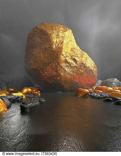 Three dimensional render of giant gold nugget inside gold mine