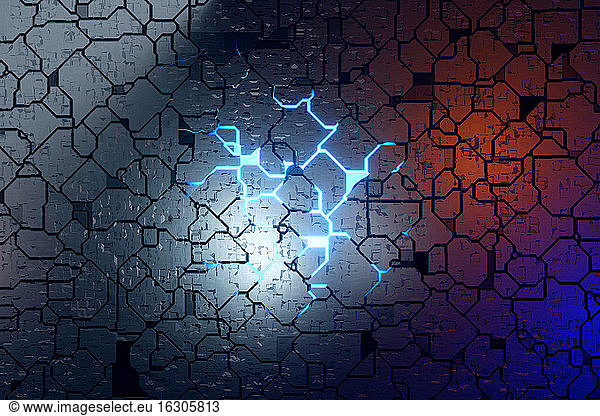 Three dimensional render of glowing circuit board