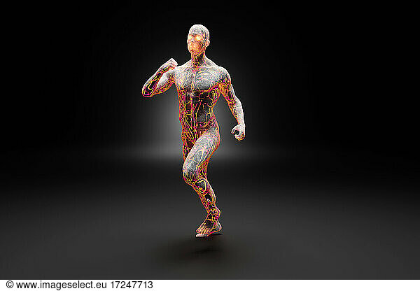 Three dimensional render of glowing concrete man running against dark background