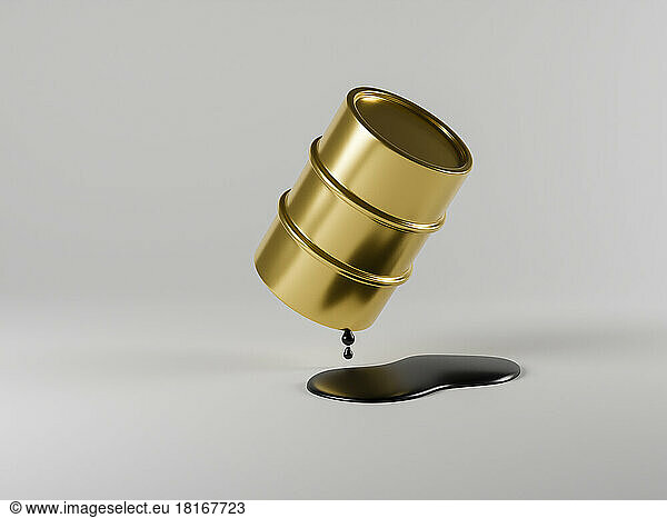 Three dimensional render of gold colored oil drum leaking oil