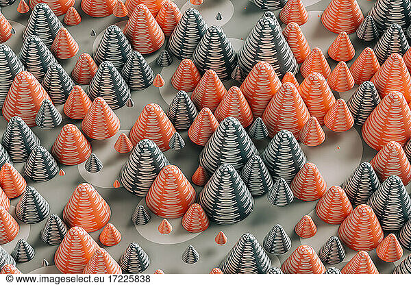 Three dimensional render of gray and red cones
