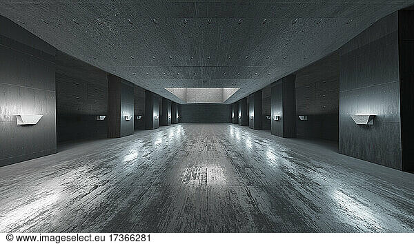 Three dimensional render of gray concrete corridor